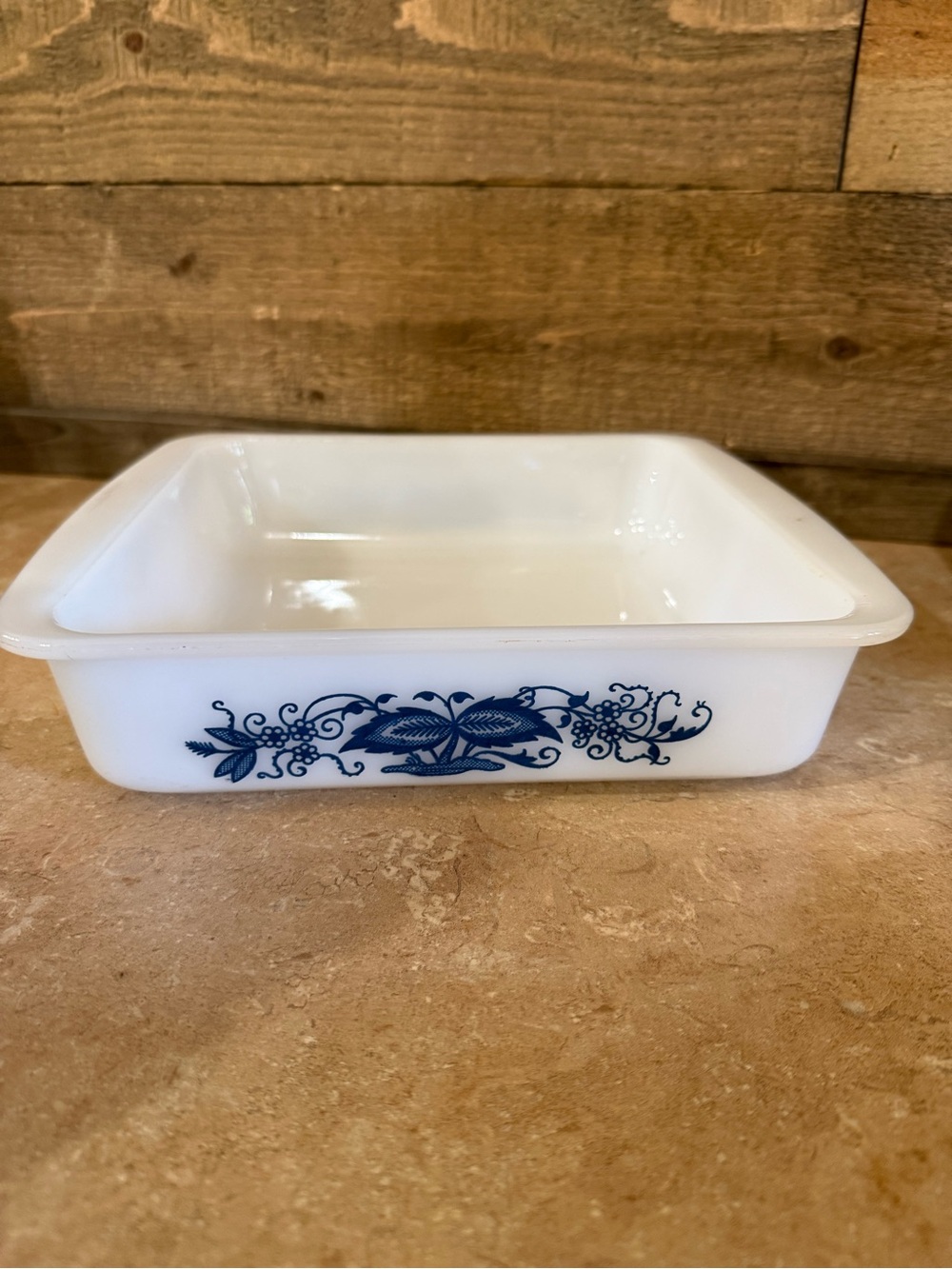 Glasbake White Milk Glass Dish - Blue Onion Pattern 8x8